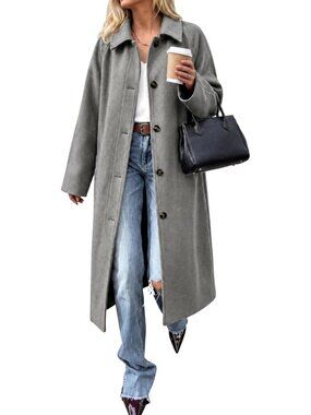 Women's Grey Lapel Single Breasted Long Sleeve Trendy Casual Long Trench Coat